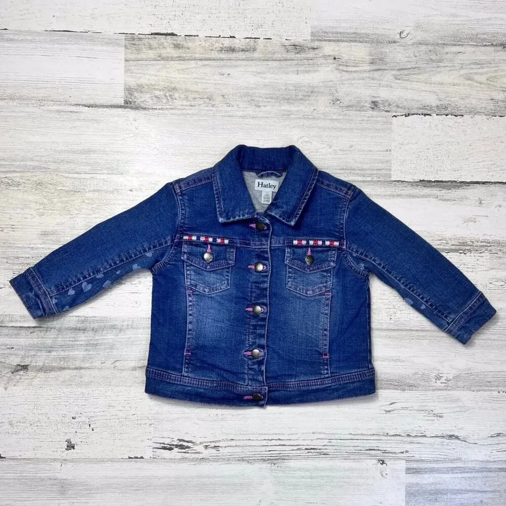 Hatley Jacket Girls 2 Blue Denim Heart Print Lined Embroidered